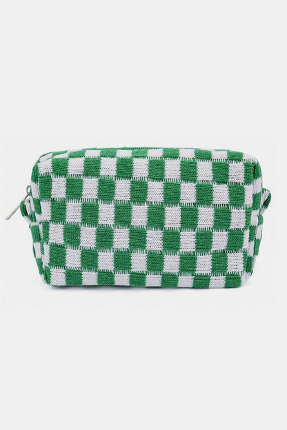 Zenana Checkered Pattern Knitted Cosmetic Pouch Green One Size