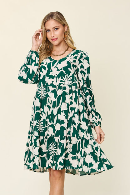 Double Take Full Size Printed Ruffle Hem Long Sleeve Dress Dark Green