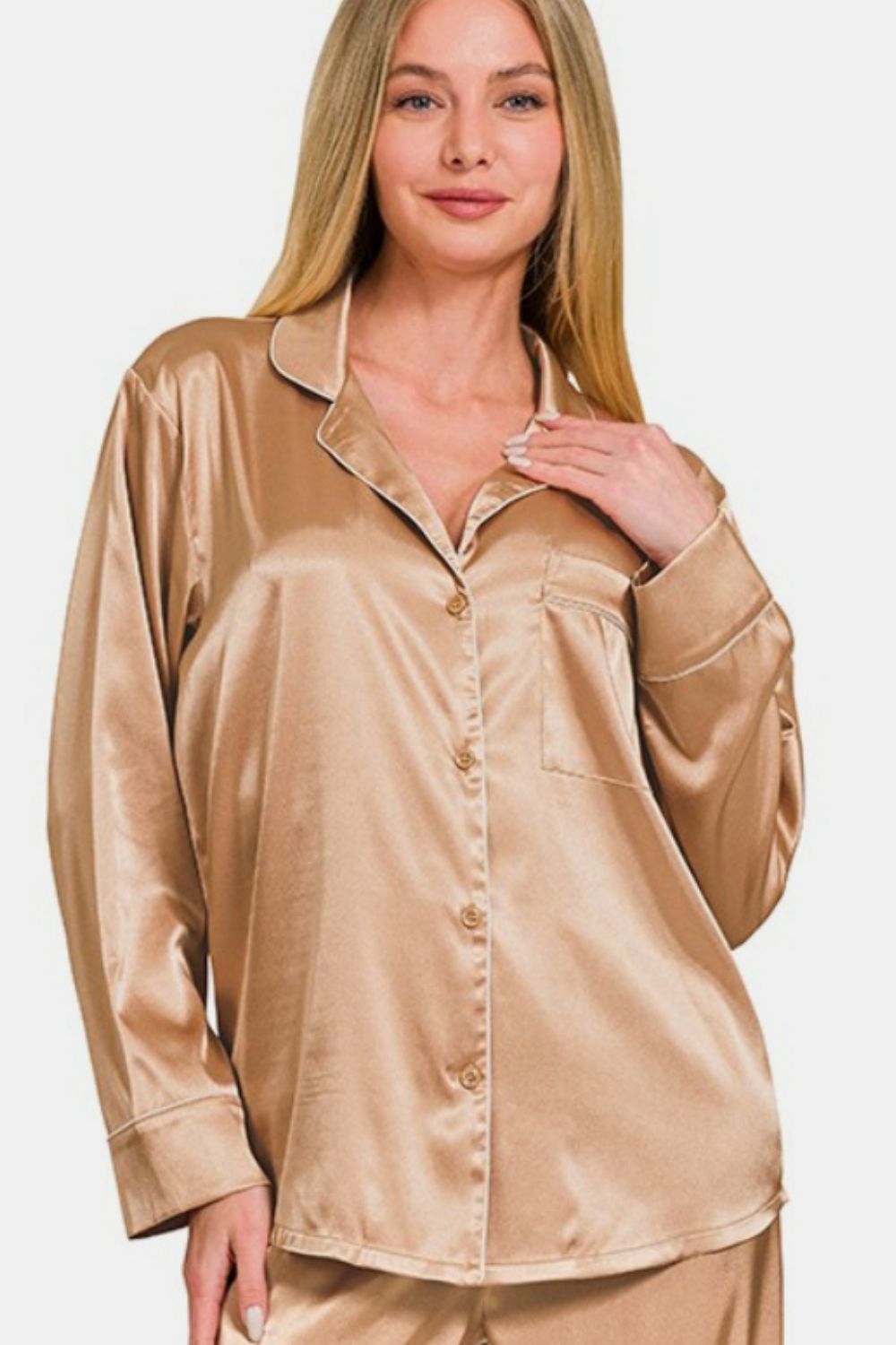 Zenana Satin Long Sleeve Shirt and Pants Pajama Set