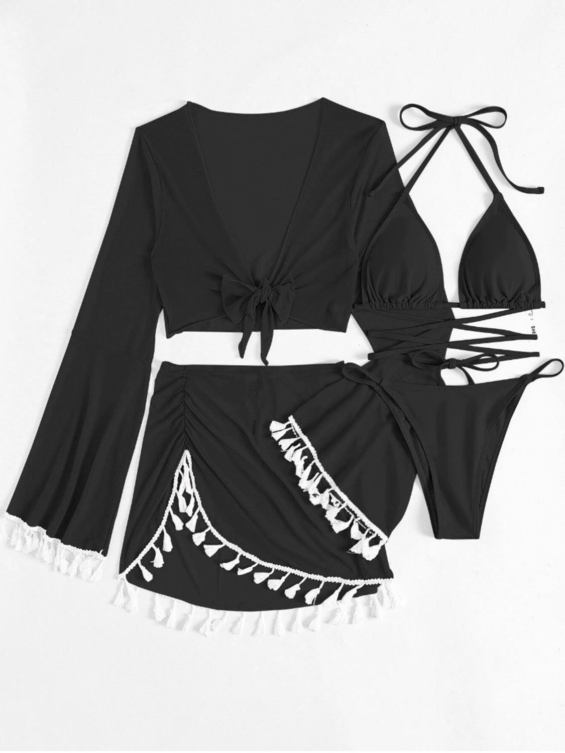 Halter Neck Bra, Bottom, Tassel Flare Sleeve Cover-Up and Skirt Four-Piece Swim Set - Thandynie