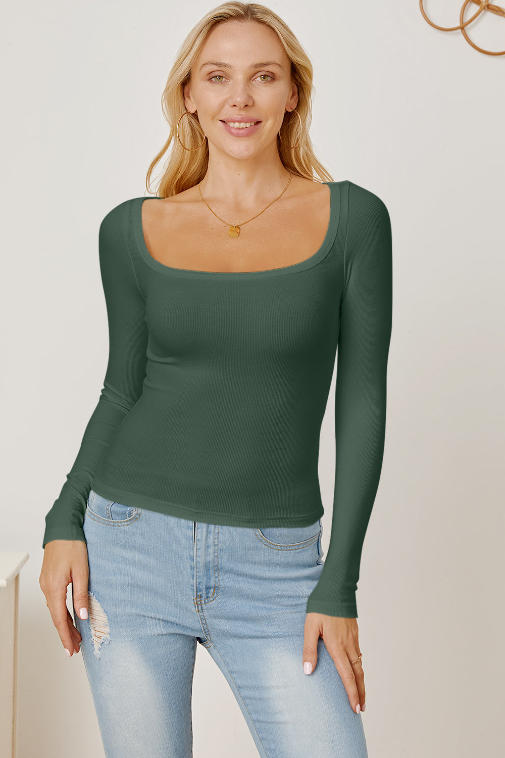 Square Neck Long Sleeve T-Shirt Dark Green