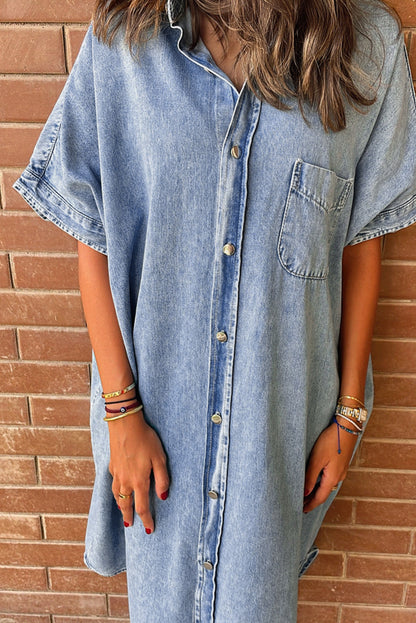 Light Blue Loose Medium Wash Short Sleeve Shirt Chambray Dress