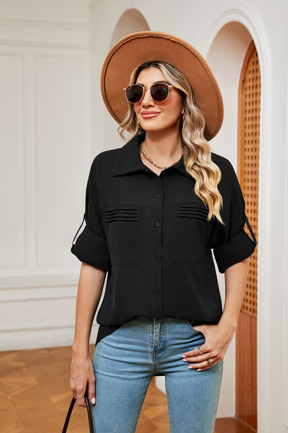 Dropped Shoulder Collared Shirt Black