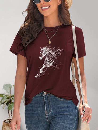 Horse Round Neck Short Sleeve T-Shirt Burgundy