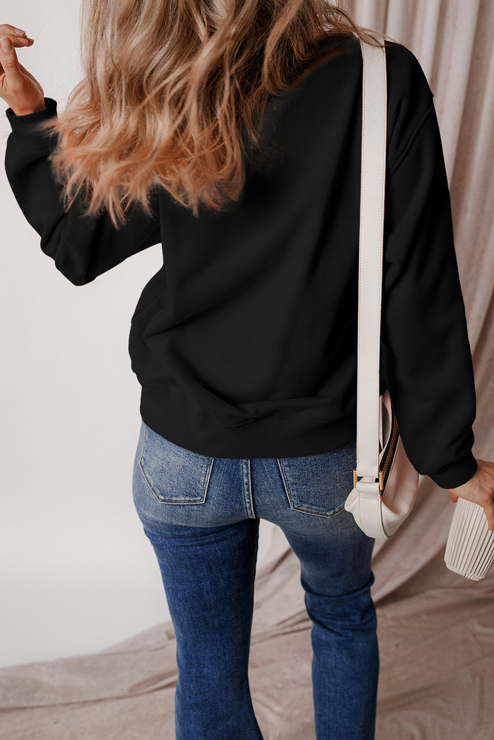 Black Solid Fleece Lined Drop Shoulder Terry Sweatshirt