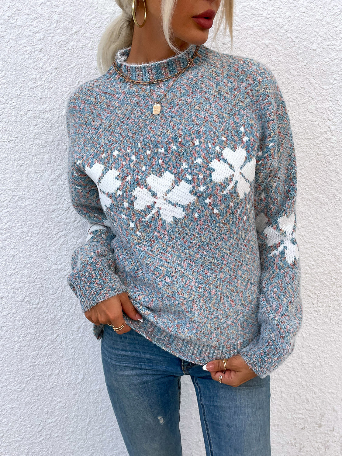 Four Leaf Clover Mock Neck Sweater Charcoal