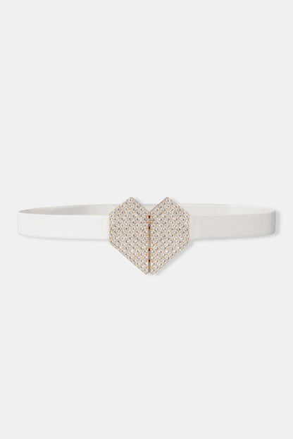 Rhinestone Heart Buckle Elastic Belt White One Size