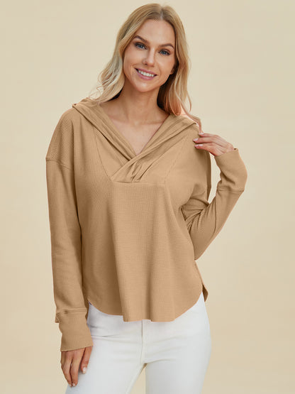 Double Take Full Size High-Low Dropped Shoulder Long Sleeve Hoodie Camel