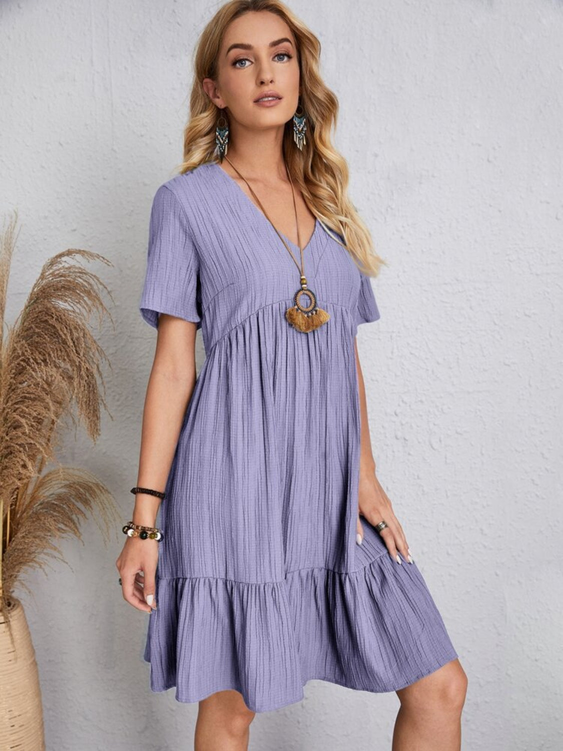 Full Size V-Neck Short Sleeve Dress Lavender