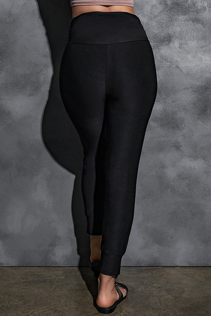 Black High Waist Pleated Pocket Leggings