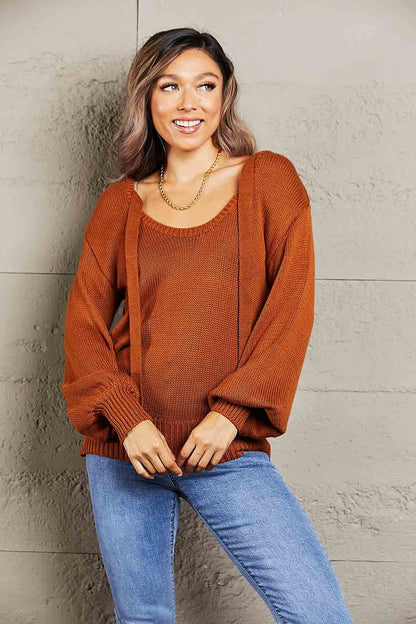 Double Take Tied Balloon Sleeve Round Neck Sweater