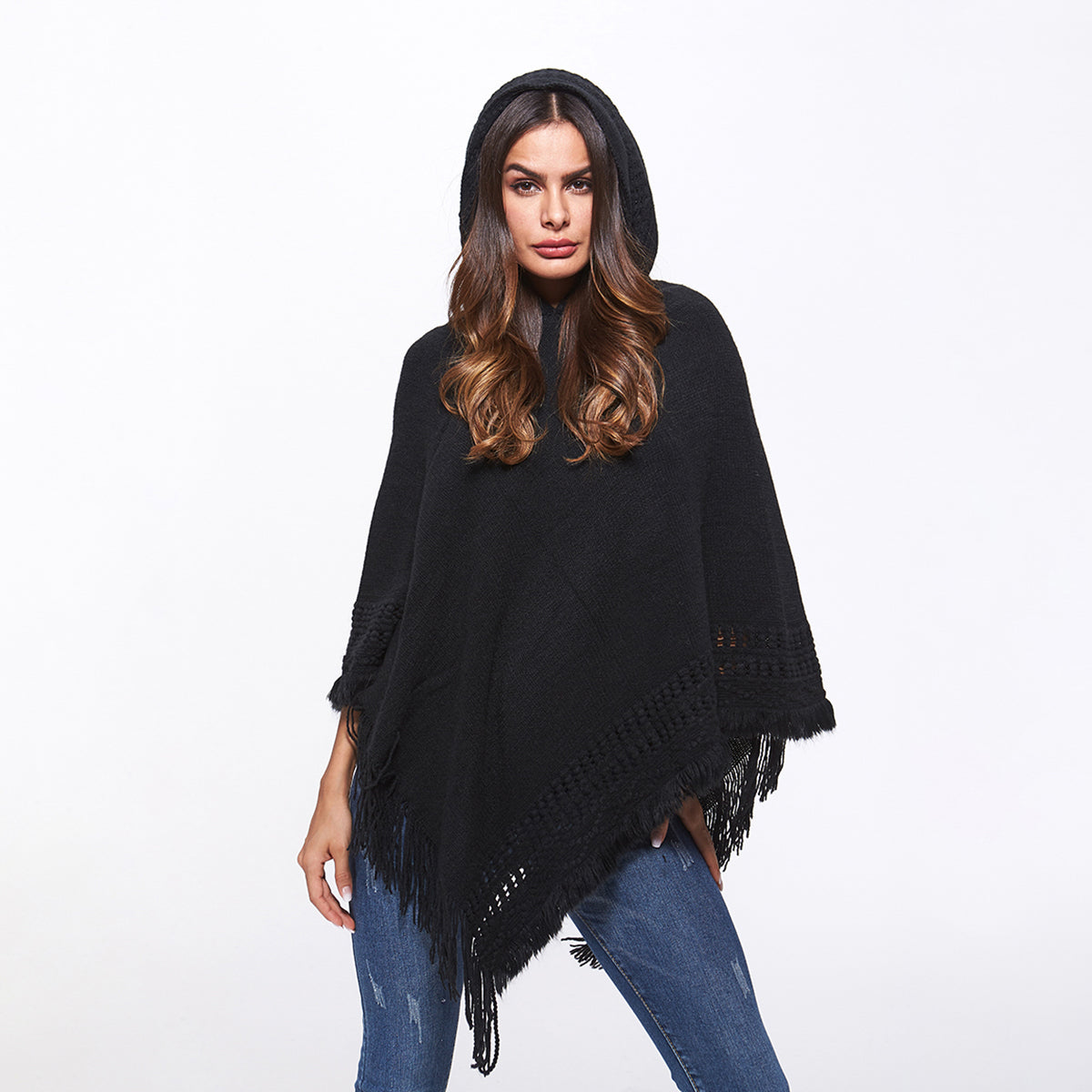 Openwork Fringe Hem Hooded Poncho - Thandynie