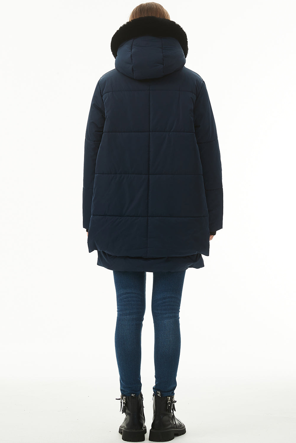 Navy Blue Plush Linen Zip Up Hooded Puffer Coat