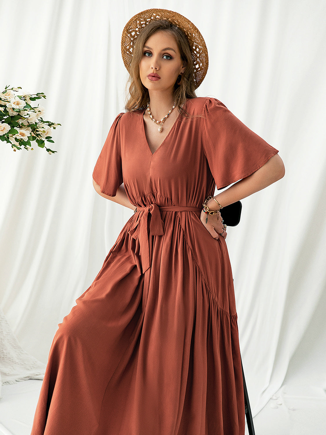 Plus Size V-Neck Flutter Sleeve Midi Dress - Thandynie