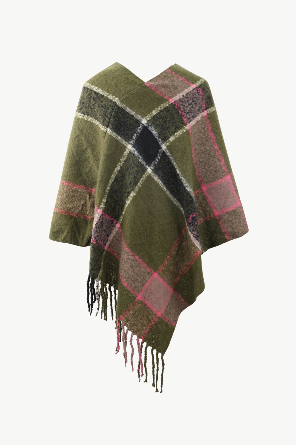 Plaid Fringe Detail Poncho - Thandynie