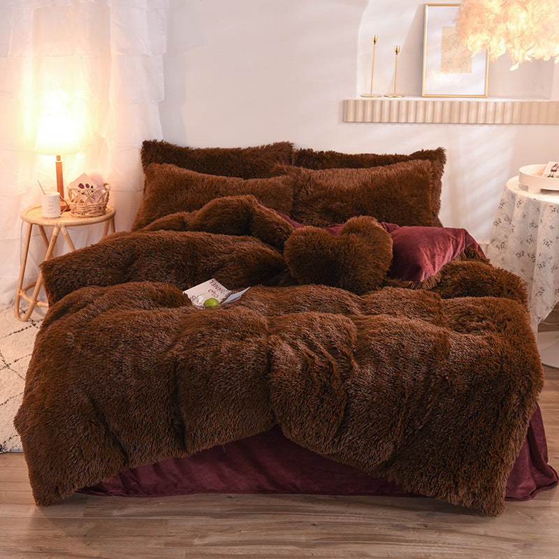 Luxury Thick Fleece Duvet Cover Queen King Winter Warm Bed Quilt Cover Pillowcase Fluffy Plush Shaggy Bedclothes Bedding Set Winter Body Keep Warm Coffee