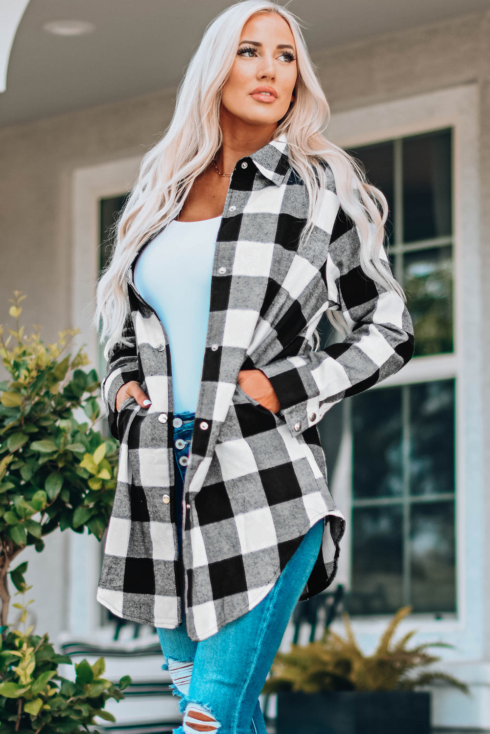 Women's Longline Plaid Shirt Coat with Turn-Down Collar | Classic British Style