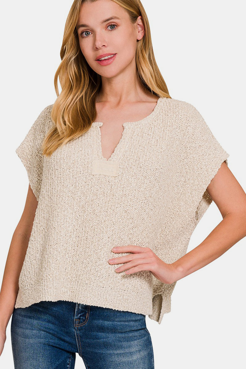 Zenana Short Sleeve Side Slit Sweater Sand Beige