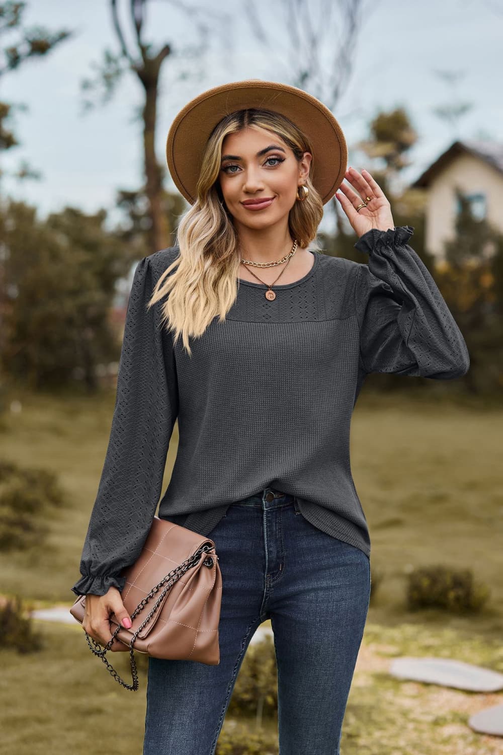 Round Neck Puff Sleeve Blouse Dark Gray