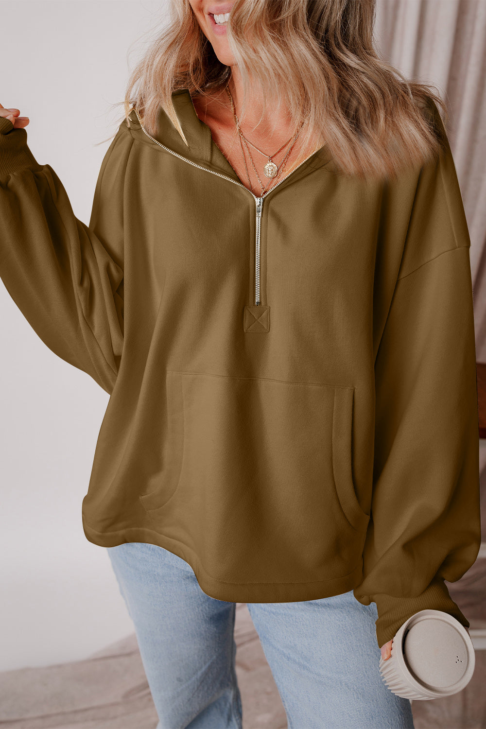 Pocketed Half Zip Dropped Shoulder Hoodie Coffee Brown