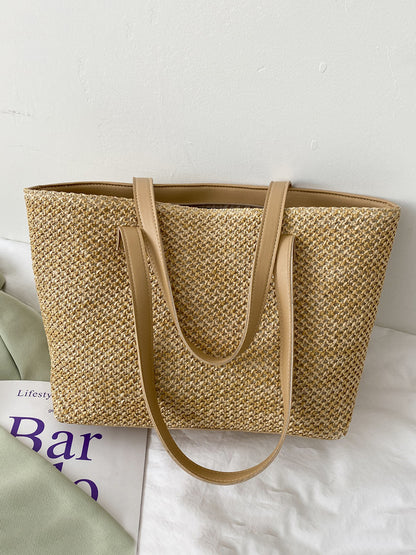 Solid Color Woven Tote Bag Khaki One Size