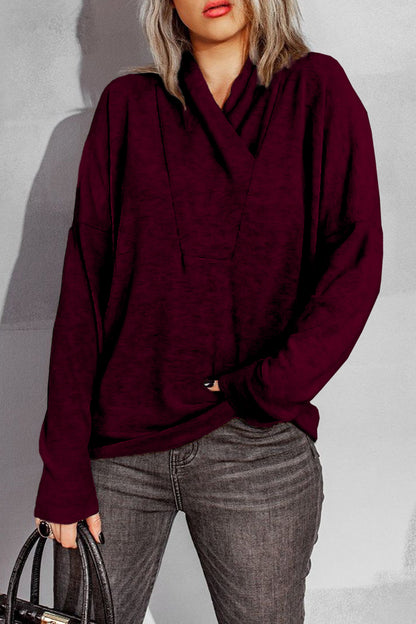 Surplice Dropped Shoulder Long Sleeve Sweater Burgundy