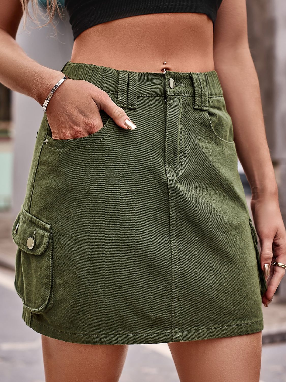 Denim Mini Skirt with Pockets Army Green