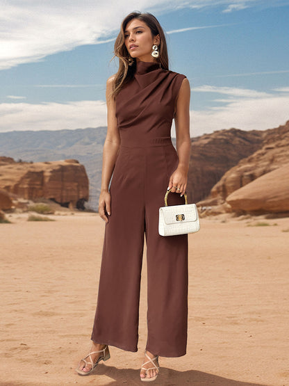 Ruched Mock Neck Sleeveless Jumpsuit Brown