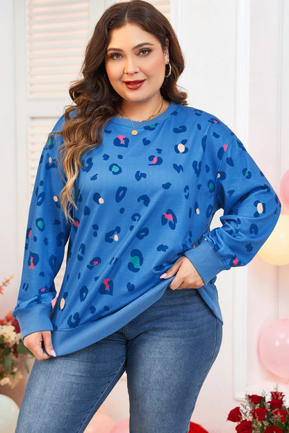 Sky Blue Plus Size Leopard Ribbed Edge Drop Shoulder Pullover Sweatshirt