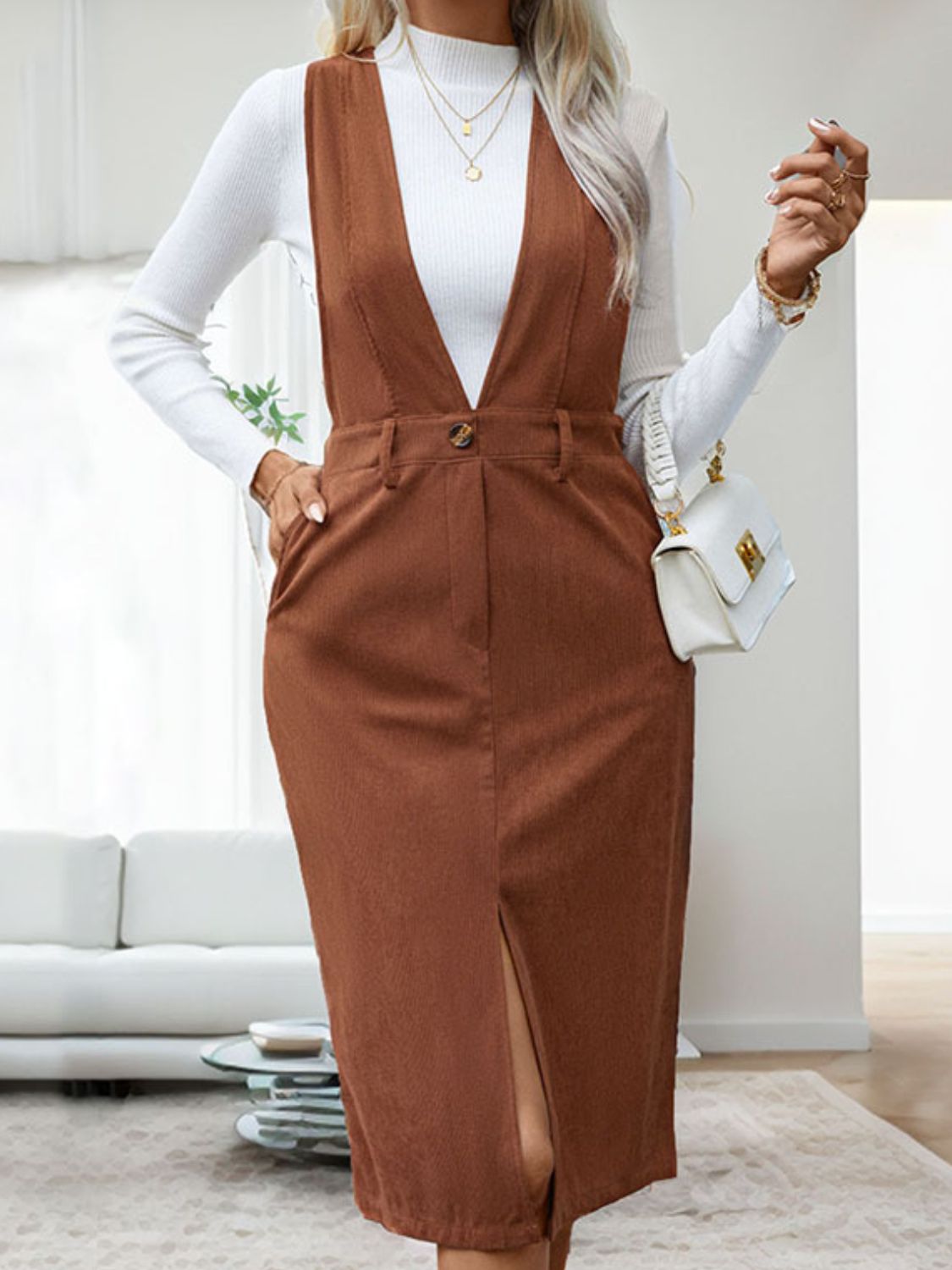 Perfee Slit Overall Dress with Pockets Brown