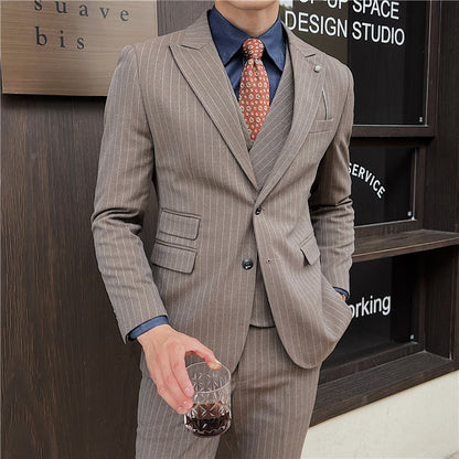 Men's British Slim-fitting Double Button Striped Suit Three-piece Suit Brown