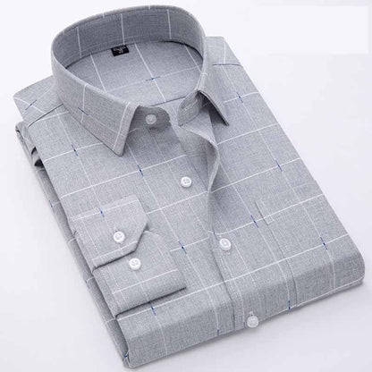 Men's Long-Sleeved Plaid Slub Cotton Shirt | Business Casual Shirt with Pocket Decoration Bamboo Joint Long Sleeved 8551