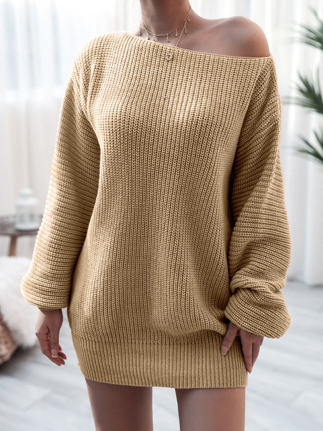 Rib-Knit Mini Sweater Dress with Stretch Khaki