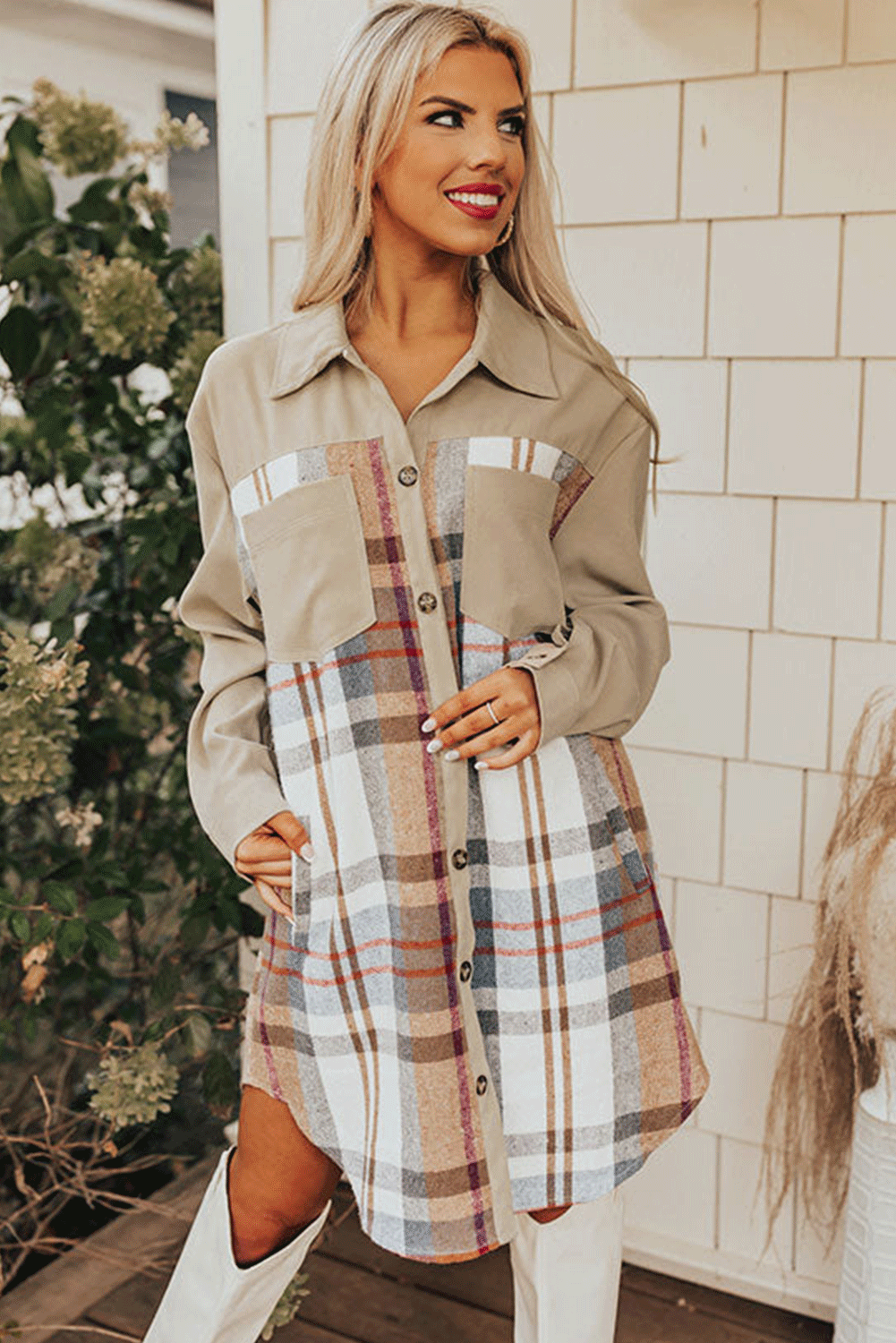 Khaki Plaid Patchwork Long Sleeve Shirt Mini Dress