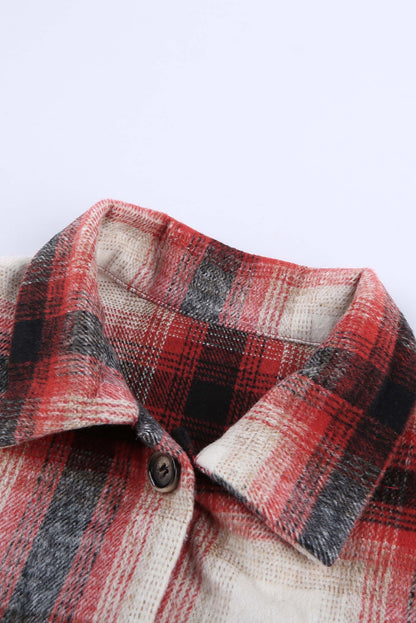 Red Turn down Neck Plaid Pocket Button Closure Coat