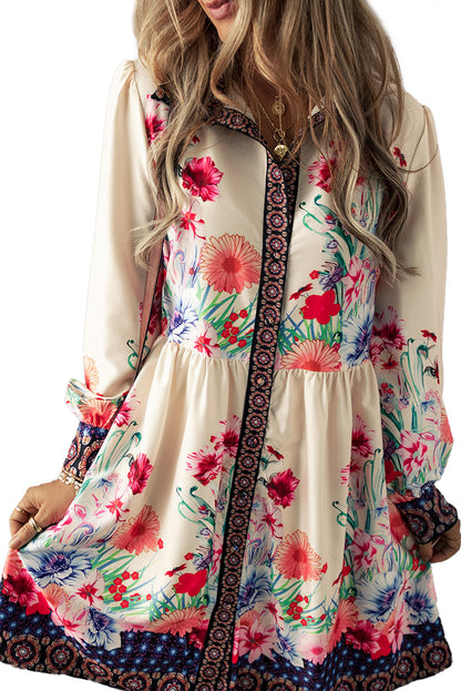 Apricot Floral Print Buttoned High Waist Shirt Mini Dress