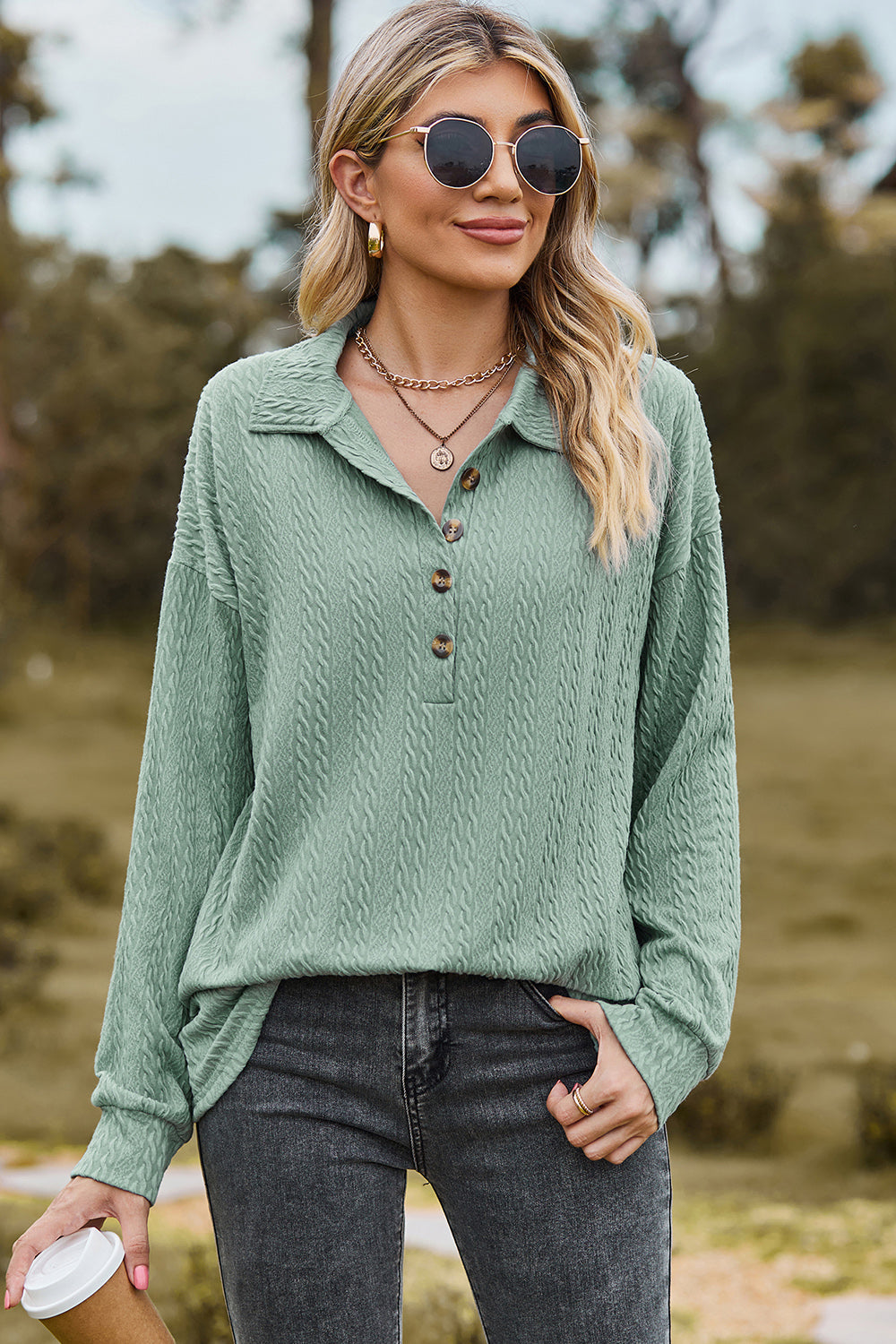 Half Button Dropped Shoulder Blouse Light Green