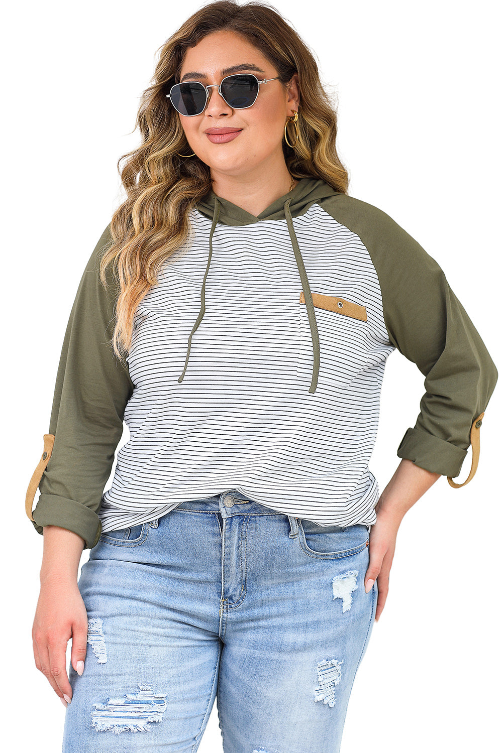 Green Striped Raglan Sleeve Buttoned Pocket Plus Size Hoodie