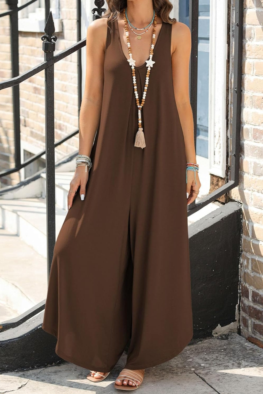 Pocketed Scoop Neck Wide Leg Jumpsuit Chocolate