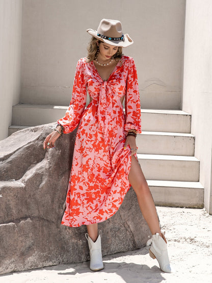 Tied Cutout Printed Long Sleeve Midi Dress Orange