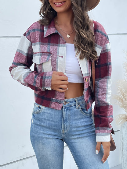 Plaid Button Up Drop Shoulder Cropped Jacket Deep Purple