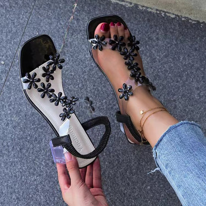 Flower Open Toe Block Heel Sandals Black