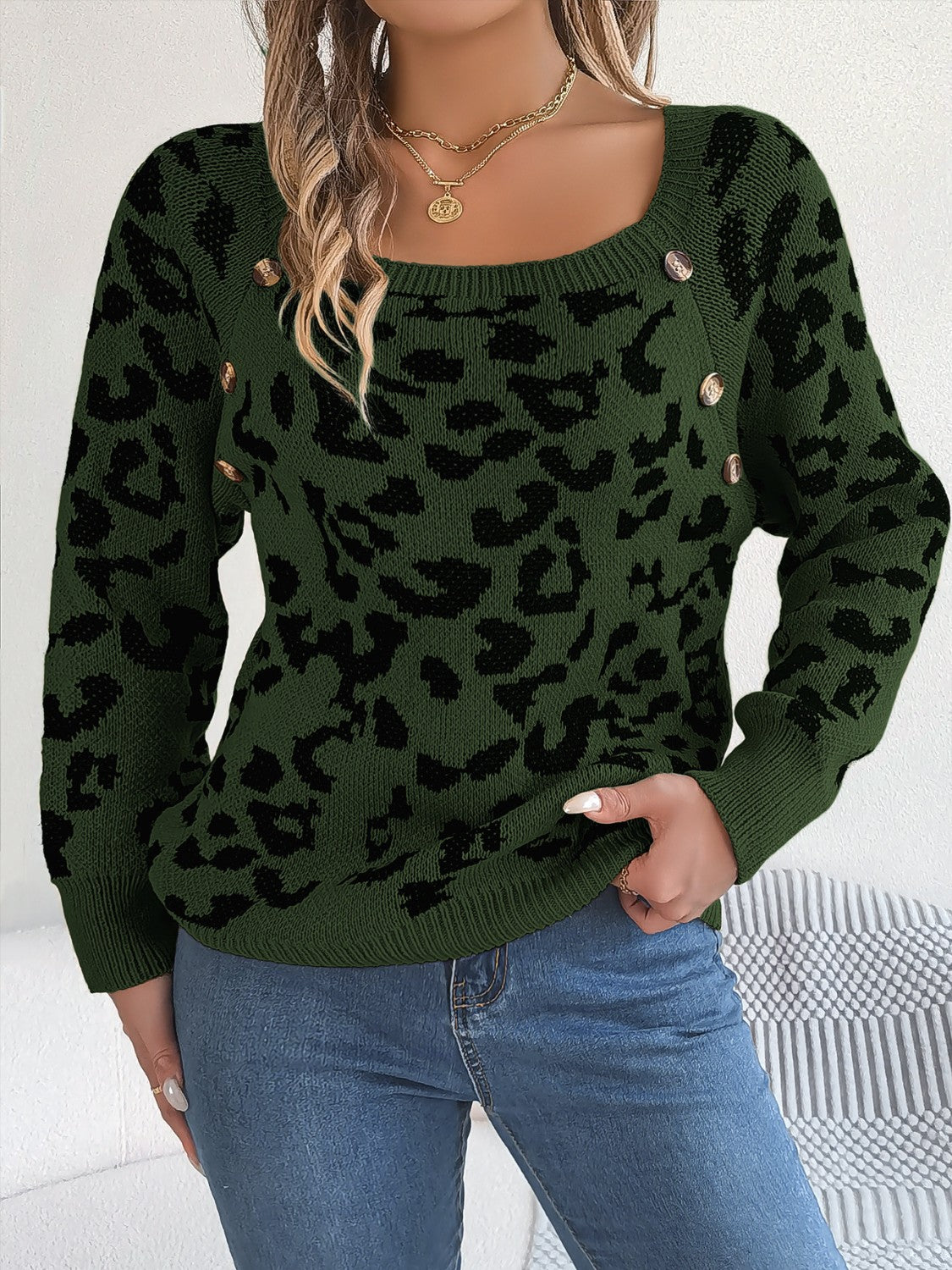 Leopard Buttoned Square Neck Sweater Army Green