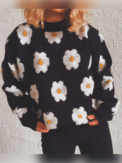 Flower Round Neck Long Sleeve Sweater Black