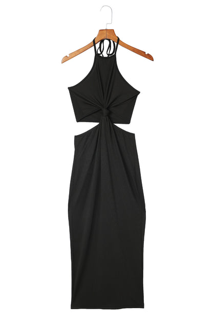 Black Cutout Twist Halter Sleeveless Pencil Midi Dress