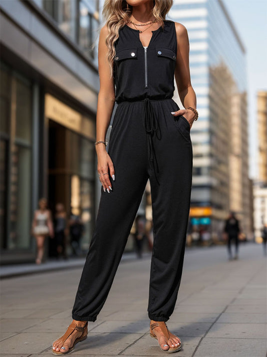 Half Zip Sleeveless Jumpsuit with Pockets Black