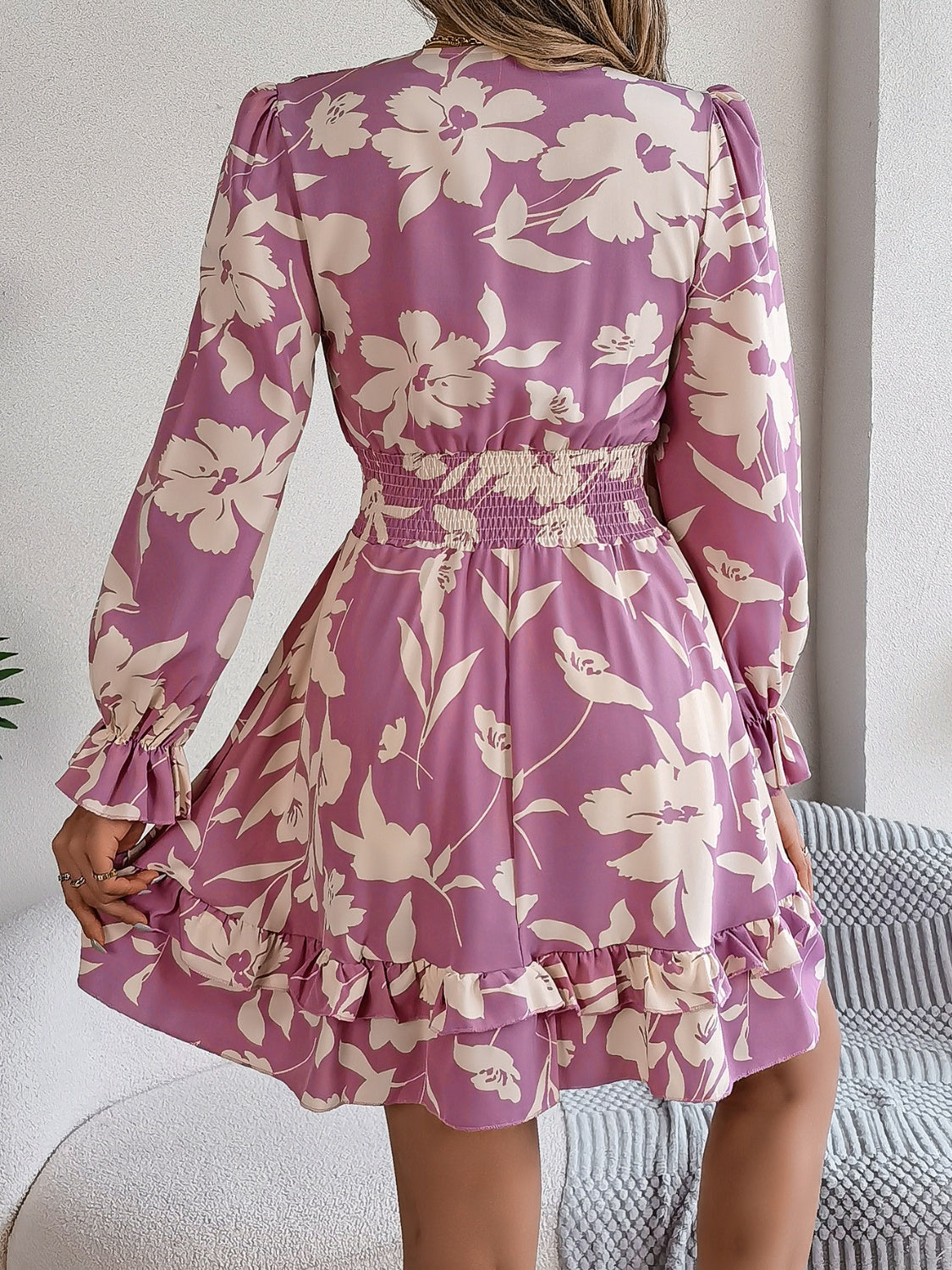 Tied Ruffled Printed Long Sleeve Dress - Thandynie