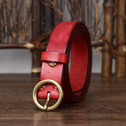 Women's Fashion Leather Jeans Belt With Brass Buckle Red