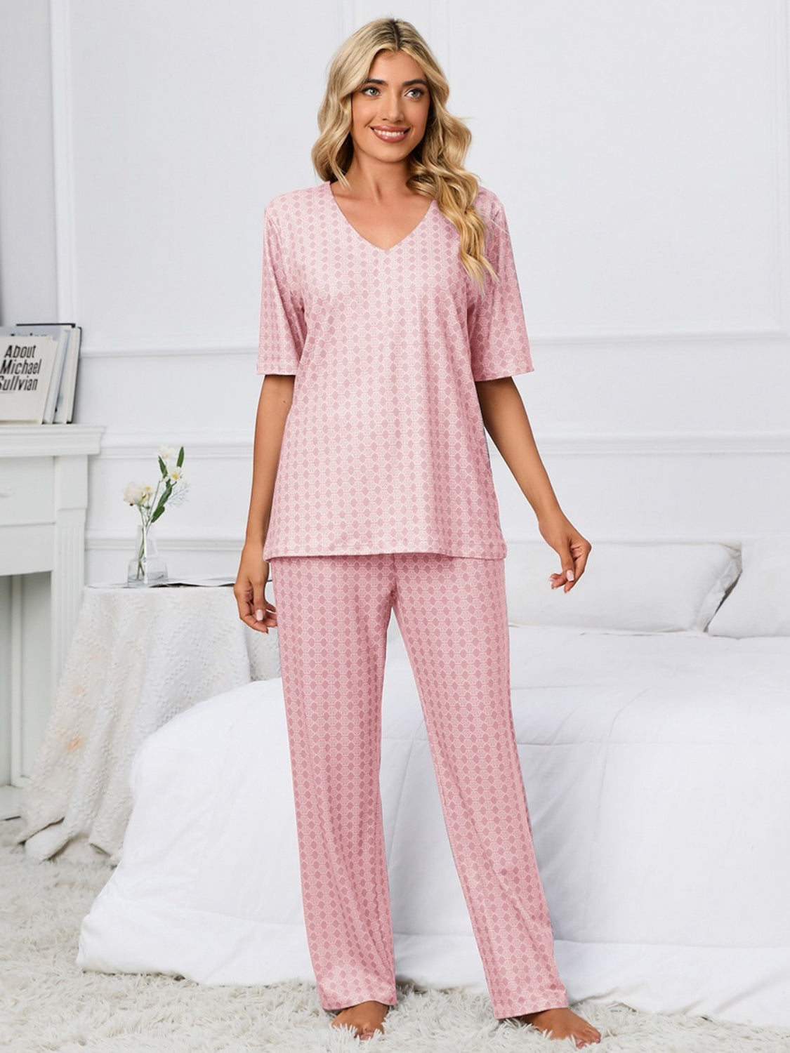 Printed V-Neck Top and Pants Lounge Set Dusty Pink