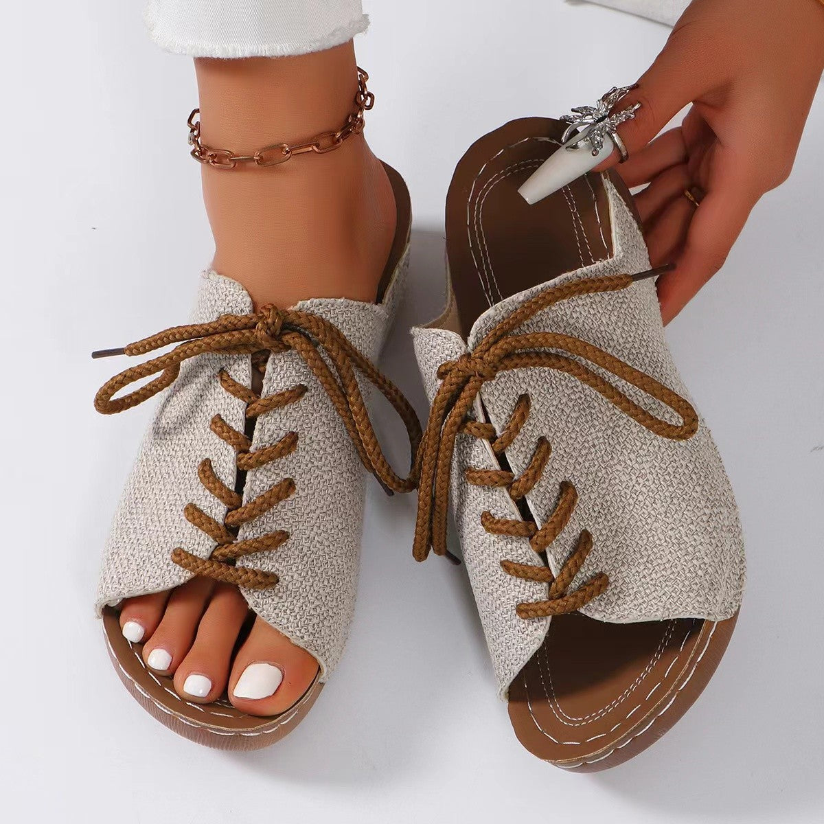 Lace-Up Open Toe Wedge Sandals - Thandynie